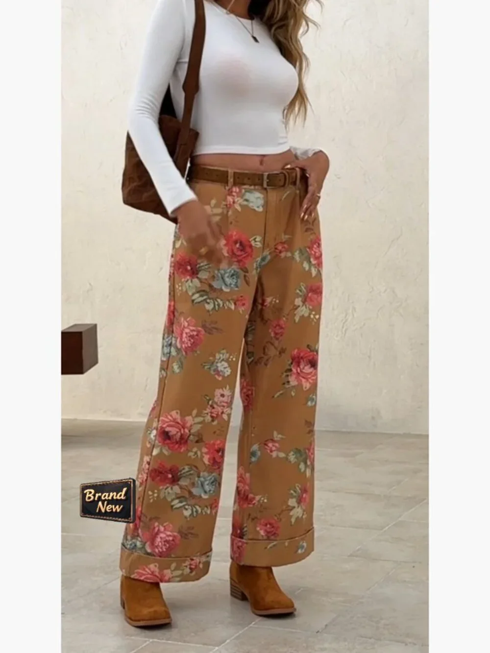 Baggy Wide Leg Floral Jeans High Waisted Boho Denim Pants